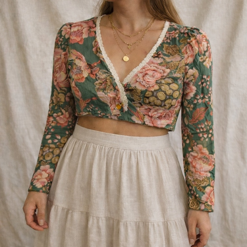 Vintage Floral Cropped Cardigan Fairycore Lace Trim Sheer Top S Cottagecore